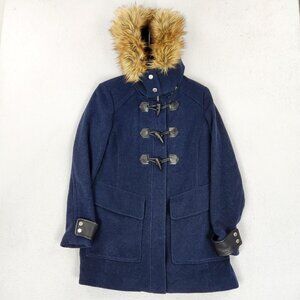 Marc New York Coat Womens 6 Blue Wool Blend Hooded Toggle Duffle Faux Fur Trim